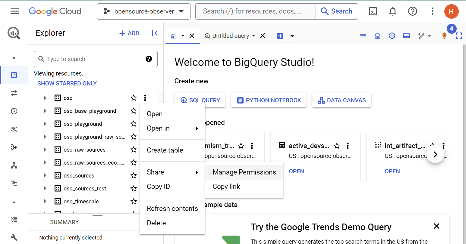 Open BigQuery permissions